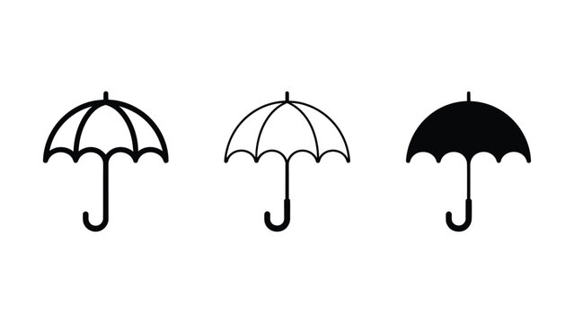 Umbrella weather protection vector icon set bundle representing rainy autumn season parasol, insurance safety shield shelter, and waterproof accessory in outline and solid styles