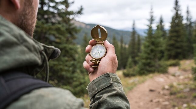 Hiker with Compass in Mountains - Navigation and Exploration