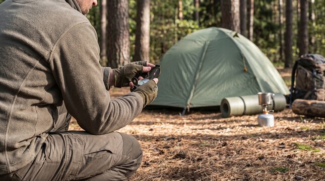 Man Using Compass Near Tent in Forest Camping Trip