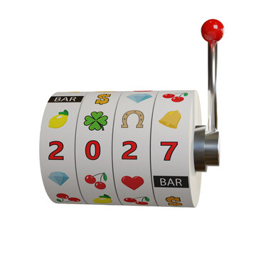 Wheels of a slot machine with the number 2027 isolated on white background. New year concept. 3d illustration.