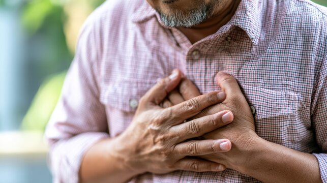 hand hold chest with heart attack symptoms, have chest pain caused by heart disease, leak, dilatation, enlarged coronary heart, press on the chest with a painful expression
