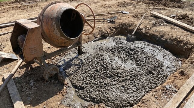 Cement mixer with fresh concrete mixture for construction site