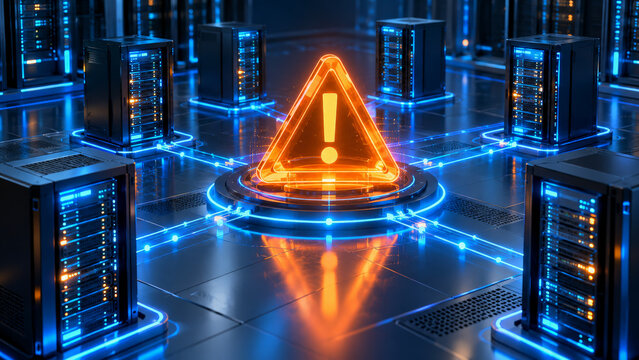 A futuristic server room with glowing nodes and an illuminated warning triangle in the center, connected by vibrant blue lines and surrounded by sleek, reflective surfaces