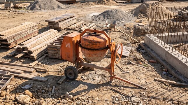Construction Site with Cement Mixer, Materials, and Rebar