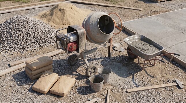 Construction Site with Cement Mixer, Wheelbarrow, and Materials