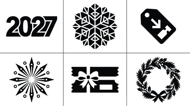 Set of holiday and celebration icons including 2027, snowflake, gift tag, firework, ticket, and wreath