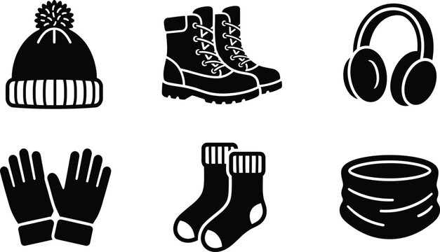 Set of winter clothing icons including hat, boots, earmuffs, gloves, socks, and neck warmer