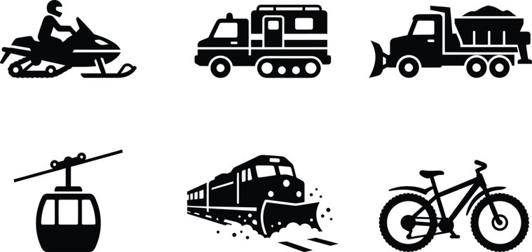 Set of winter and extreme transport icons including snowmobile, snowplow, cable car, and mountain bike