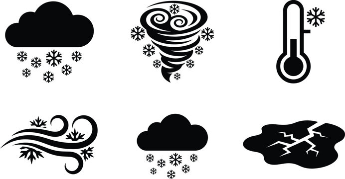 Set of winter weather icons including snow, blizzard, freezing temperature, wind, and cracked ice
