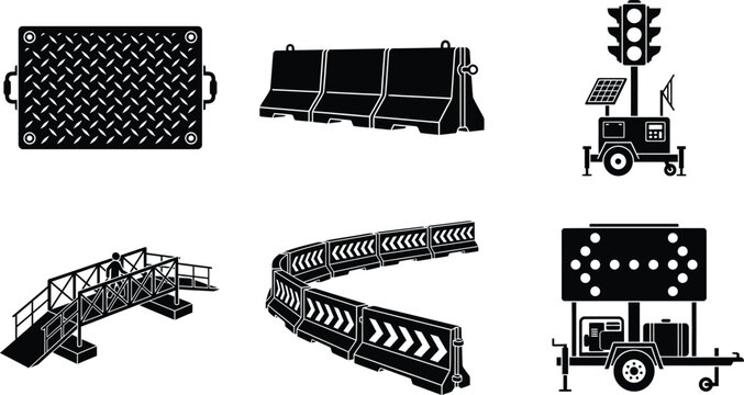 Set of road construction equipment and traffic safety signs