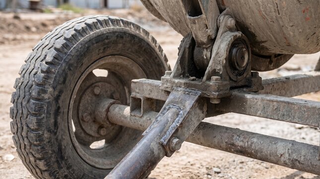 Close-up of a concrete mixer wheel and mechanism on a construction site