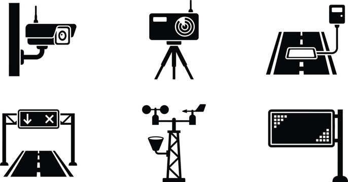 Set of highway and road infrastructure icons including traffic cameras, speed radar, weather station, and electronic signs