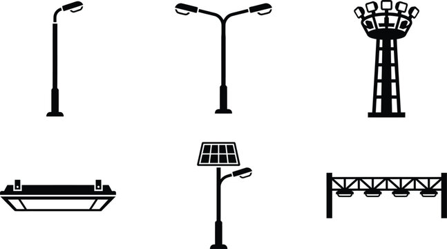 Set of various street lighting and outdoor illumination icons including poles, floodlights, and stadium towers