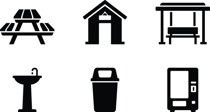 Set of park and public facility icons including picnic table, shelter, fountain, trash can, and vending machine