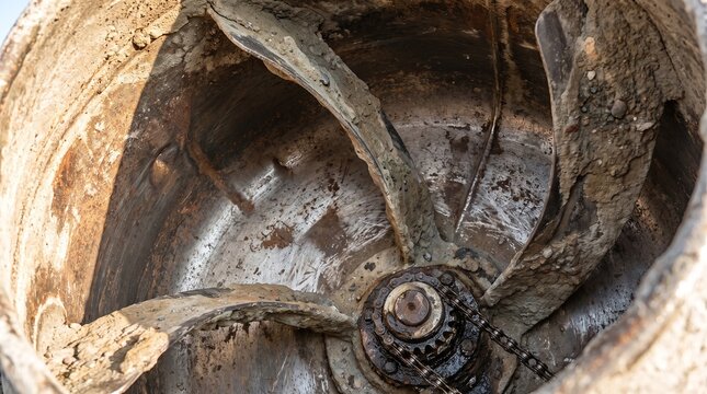 Close-up of rusty, worn industrial pump impeller with debris
