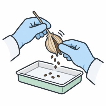 Gloved researcher extracting seeds from a dry pod