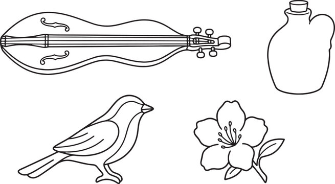 Generic mountain dulcimer and carved wooden bird line art illustration