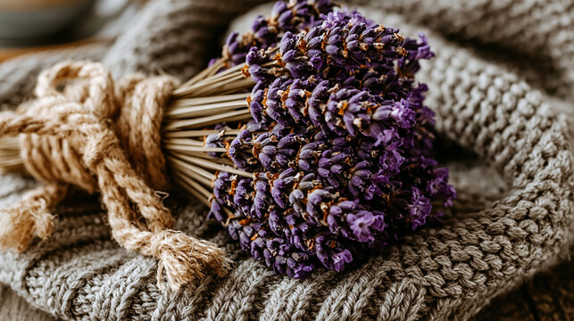 Dried lavender bundle tied with twine resting on soft grey knitted fabric