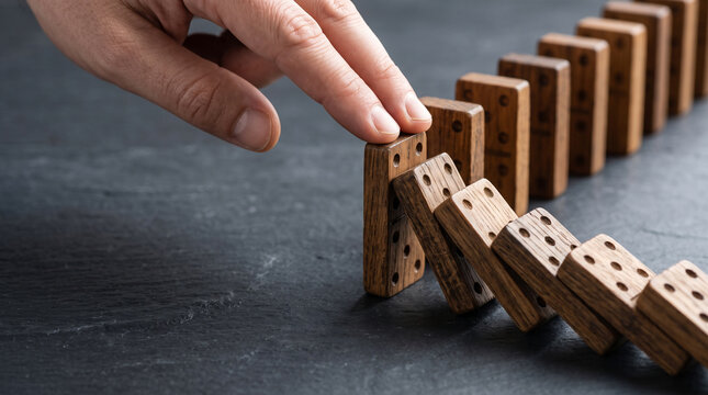 Close-up of hand stopping falling wooden dominoes on dark stone surface, concept for risk management, crisis intervention and business stability