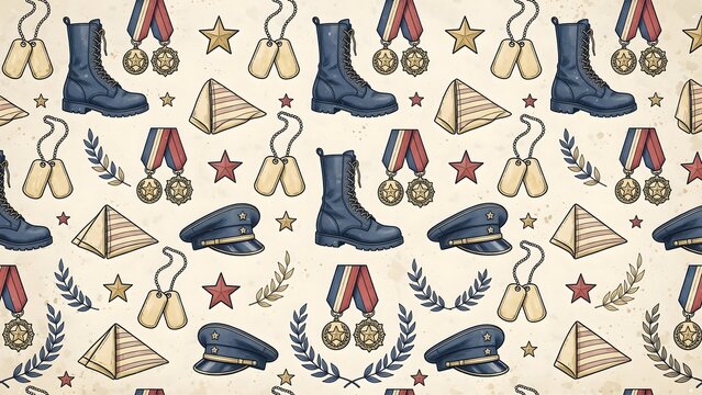 Vintage veterans seamless pattern with navy combat boots, dog tags, service medals, folded flags, officer caps, stars and laurel branches on cream paper texture