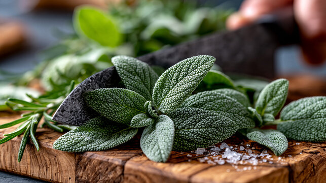 Fresh sage leaves and aromatic herbs on a wooden cutting board with green herb
