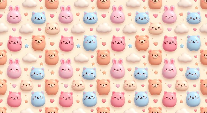 Adorable 3D Seamless Pattern with Kawaii Animals Cloud and Star Figures on Pastel Cream Background