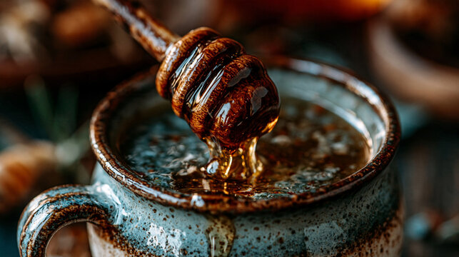 Golden honey dripping from a wooden dipper into a ceramic bowl with a rustic