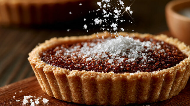A chocolate tart on a wooden surface dusted with sugar baked goods pastry shop still life