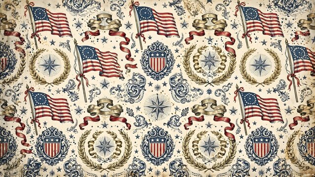 Colonial style American flag seamless pattern with thirteen star flags, shields, compass stars, laurel wreaths, red ribbons and scrolls on aged paper background