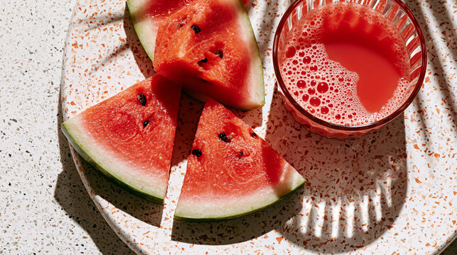 Slices of fresh watermelon served with chilled juice on a plate red fruit raw food