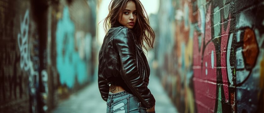 Young woman posing in alley with graffiti