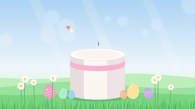 Animated easter pedestal with colorful eggs and butterflies flying in sunny green field background.