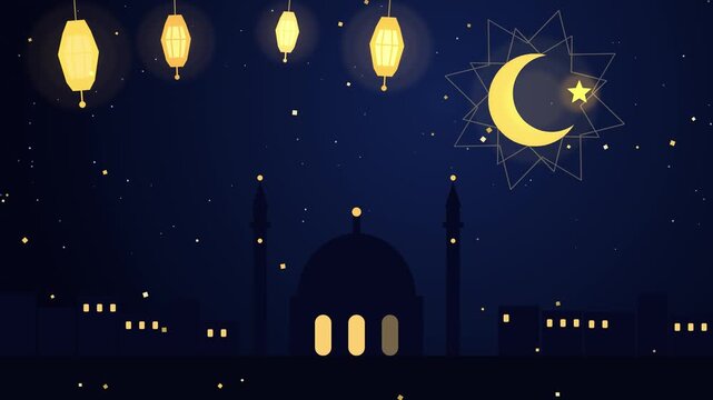 Animated mosque illustration with glowing crescent moon and hanging lanterns for ramadan celebration.