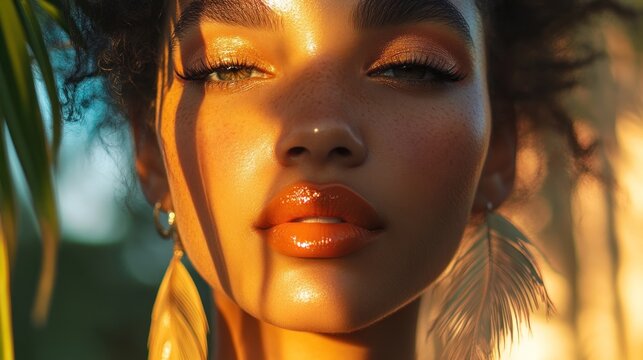Woman with sunlit skin and feathered earrings