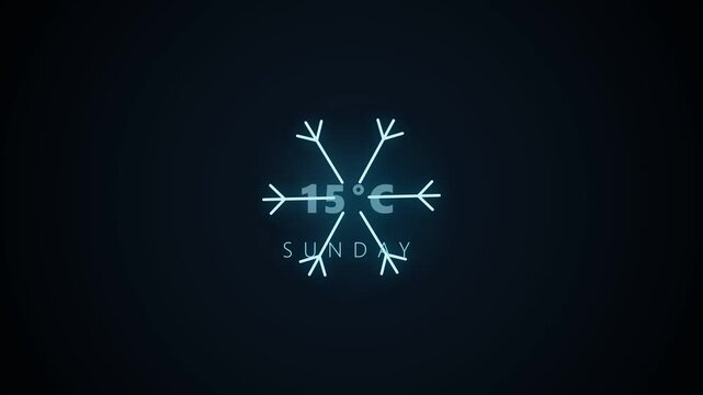 Glowing blue snowflake icon animation showing 15 degrees Celsius Sunday weather forecast on dark background loop