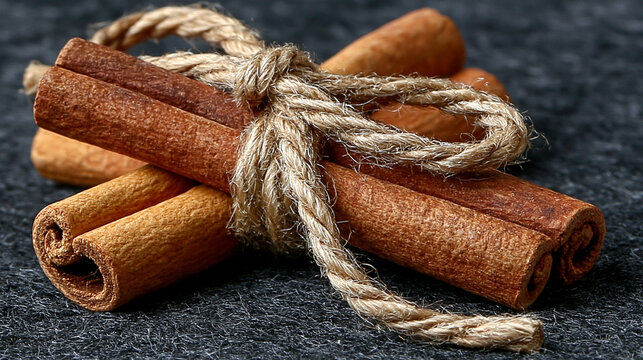 Bundled cinnamon sticks tied with string on a textured surface, several of fragrant