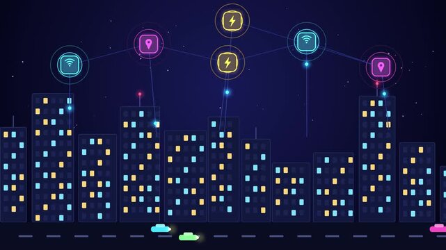 Smart city digital network animation with iot icons over skyscraper buildings at night motion clip.