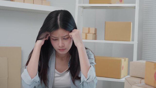 Stressed and headache asian woman with large bills or invoices no money to pay to expenses and credit card debt. shortage, Financial problems, mortgage, loan, bankruptcy, bankrupt, poor, empty wallet