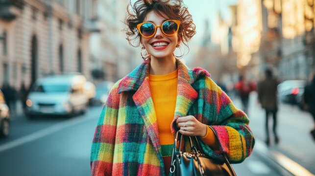 Smiling woman in colorful coat on city street