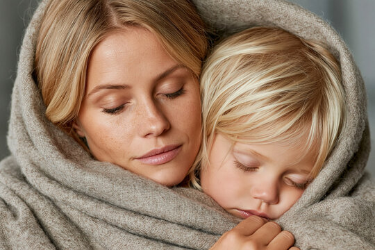 Tender portrait of a woman embracing her young child wrapped in a knit blanket with parenting