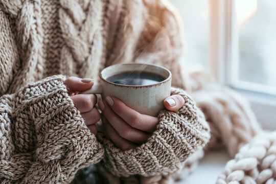 Hands holding a steaming mug of hot coffee while wearing a thick cable knit sweater