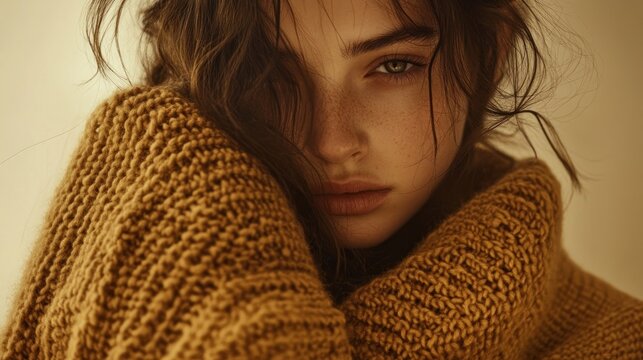 Young woman wearing warm sweater close up portrait