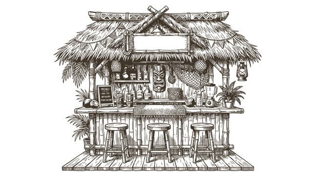 Vintage tiki bar illustration with bamboo structure tropical thatched roof and wooden stools for summer beach party