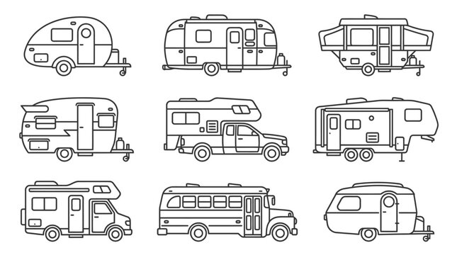 Set of various travel trailer and camping van icons in a simple black line art style for outdoor vacation design