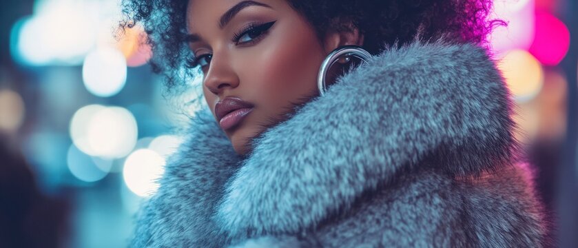 Woman in fur coat with city lights