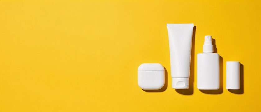 Minimalist skincare product set with moisturizer and serum on bright yellow background