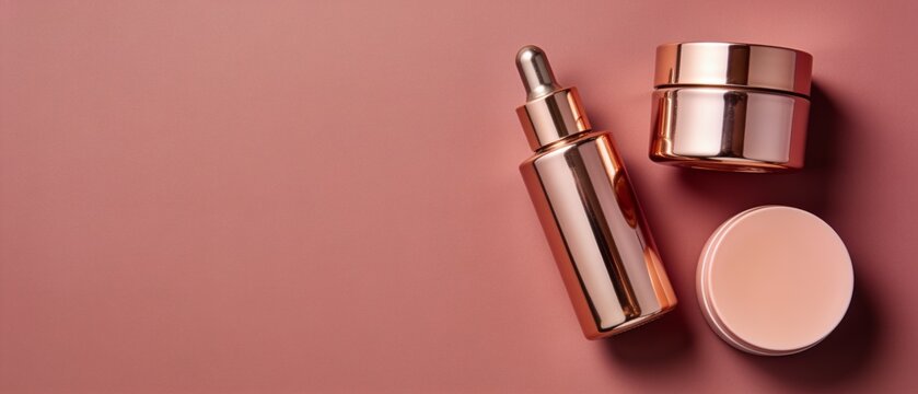 Luxury skincare set with gold dropper bottle and jar on pink background