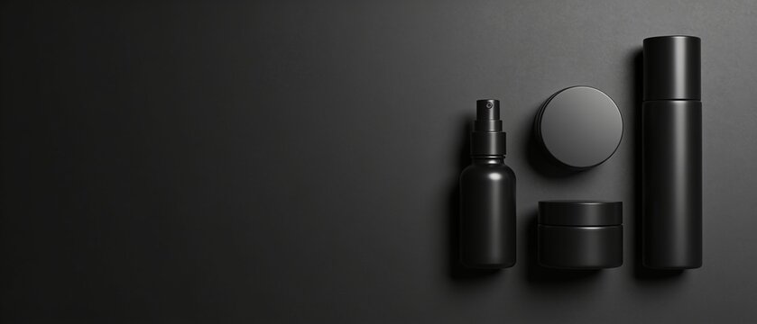 Minimalist black skincare set with lip balm, serum bottle, and compact makeup on dark background