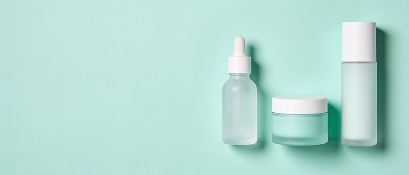 Minimalist skincare routine with serum bottle, moisturizer, and pump foundation on pastel green background