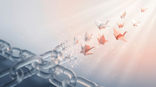 Heavy metal chain breaking into flying paper cranes for financial freedom and debt reduction
